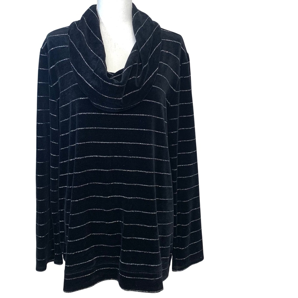 Talbots Velour Cowl Neck Top Black Silver Metallic Stripe Women XL Side Zippers